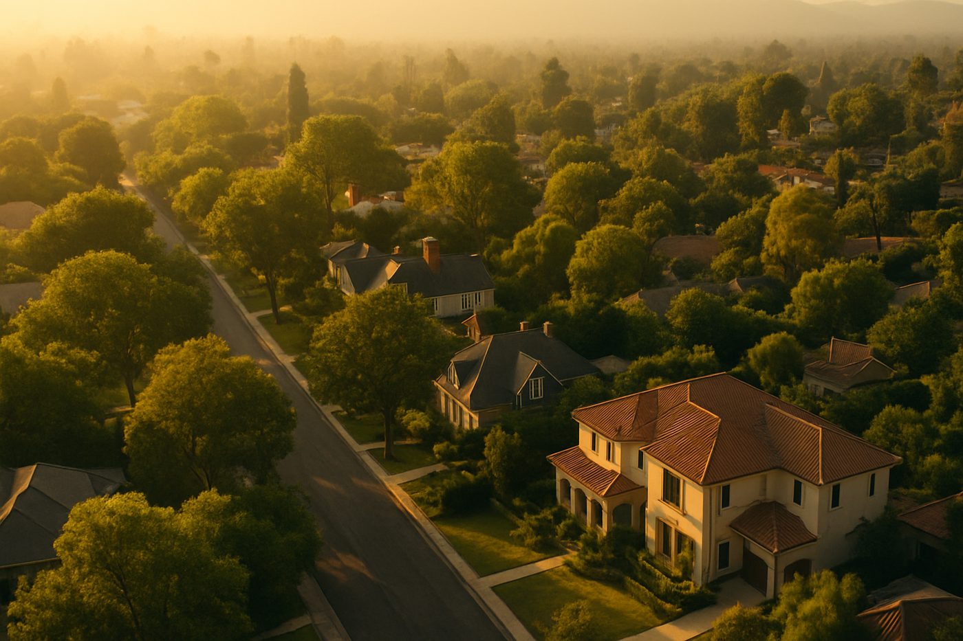 Editorial illustration of a leafy residential neighborhood at golden hour, seen from above