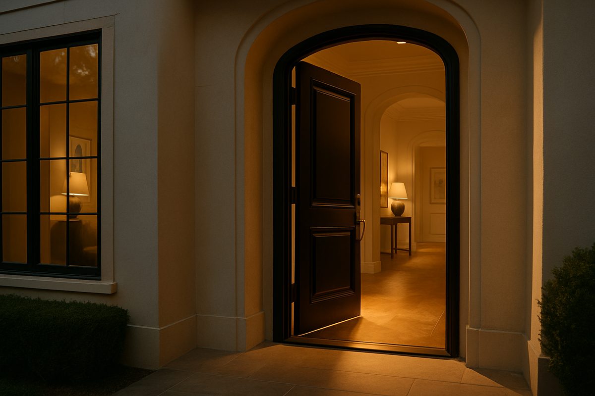 Editorial photo of a front door standing open with warm light across the entry threshold
