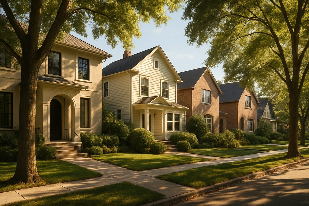Editorial photo of a tree lined residential street of varied homes on a bright clear day