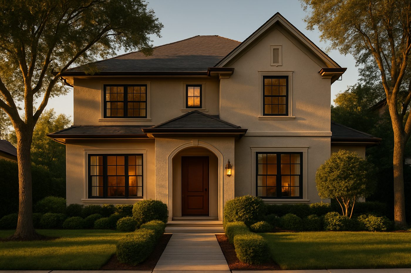 Editorial illustration of a well kept home exterior on a tree lined street at golden hour