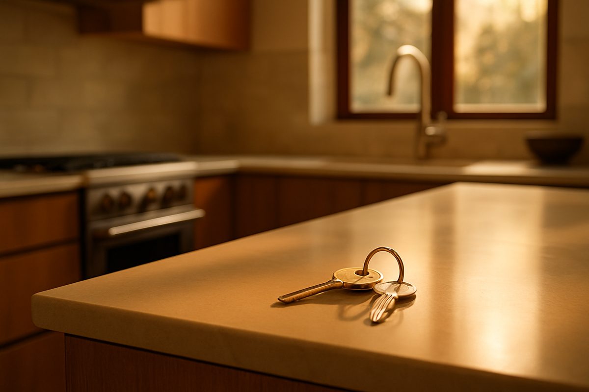 Editorial still life of house keys resting on a clean counter in warm golden light