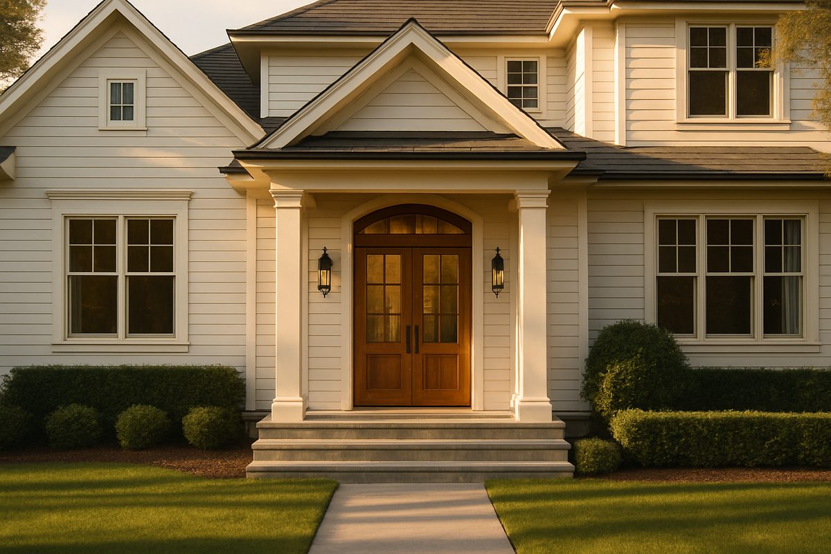 Editorial photo of a tidy home exterior with manicured landscaping at soft daylight