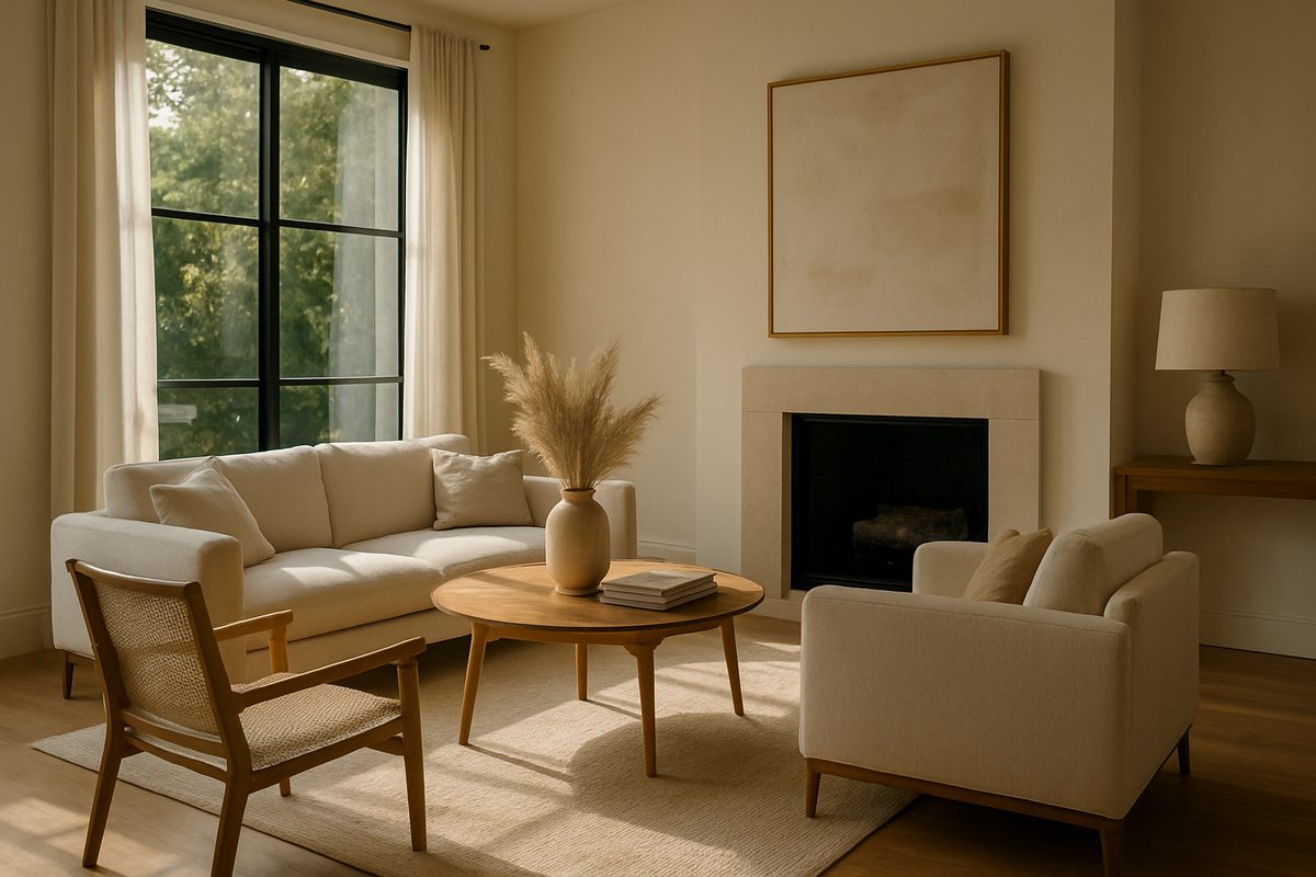 Editorial photo of a staged, decluttered living room in bright natural light