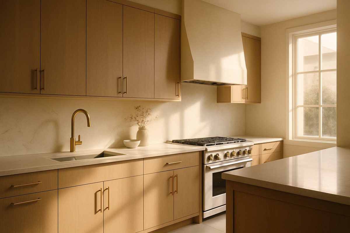 Editorial photo of a bright modern kitchen with clean stone counters in warm light
