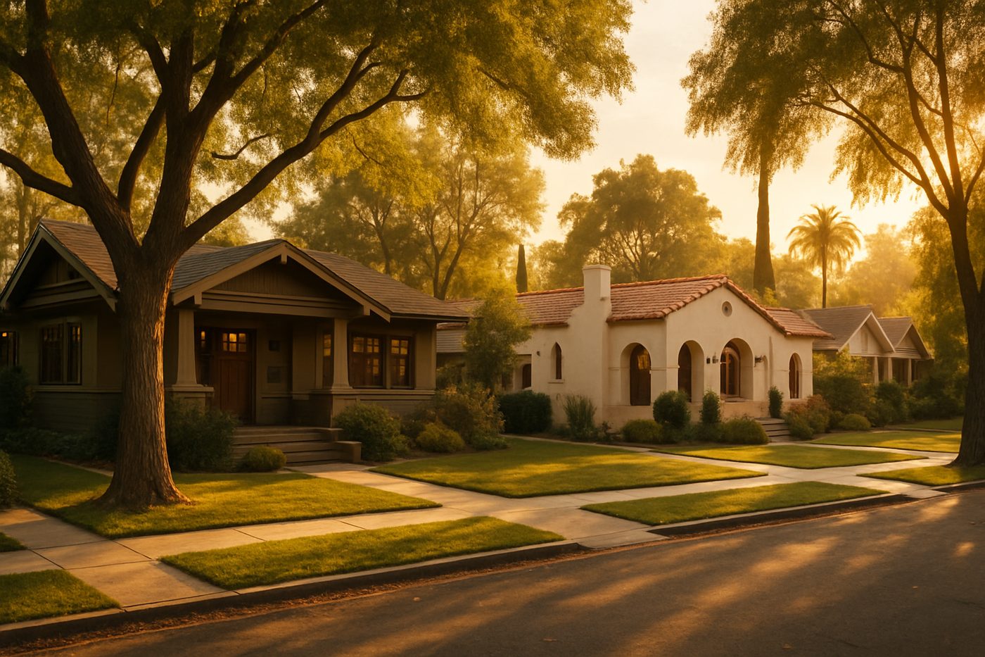 Editorial illustration of a tree lined residential street with Craftsman and Spanish style homes at golden hour